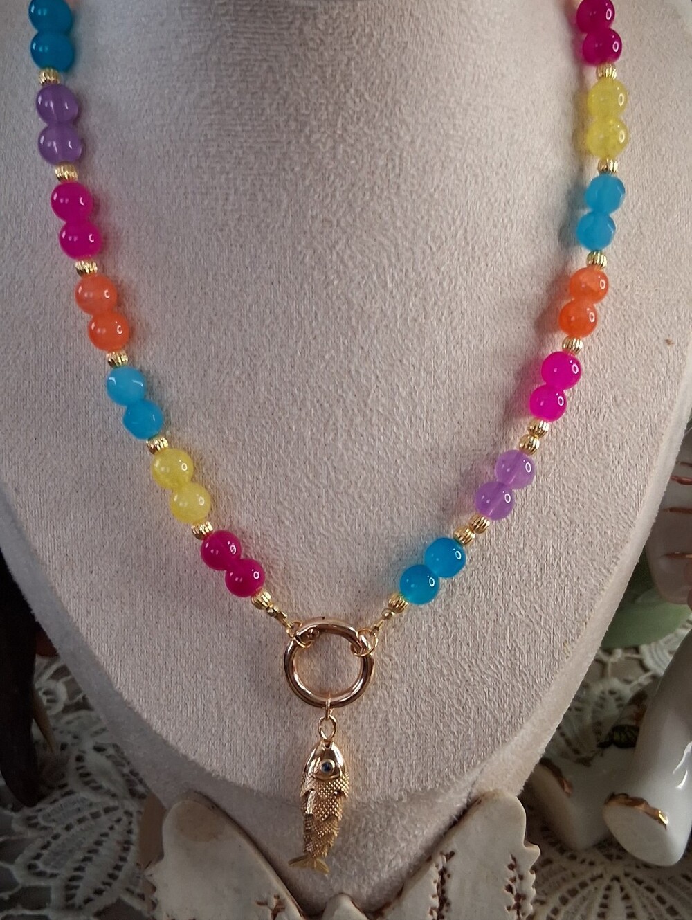 Colorful Beaded Fish Charm Necklace - Multicolor